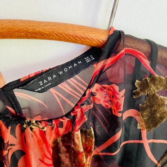 Zara Woman Burnt Velvet Sheer Midi Dress - M - Picture 4 of 6